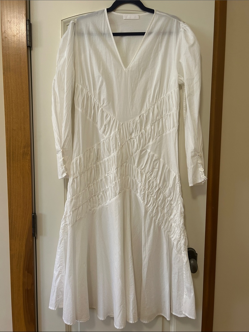 Merlette Women's White V-Neck Ruched Midi Dress Flattering Crossover Pattern
